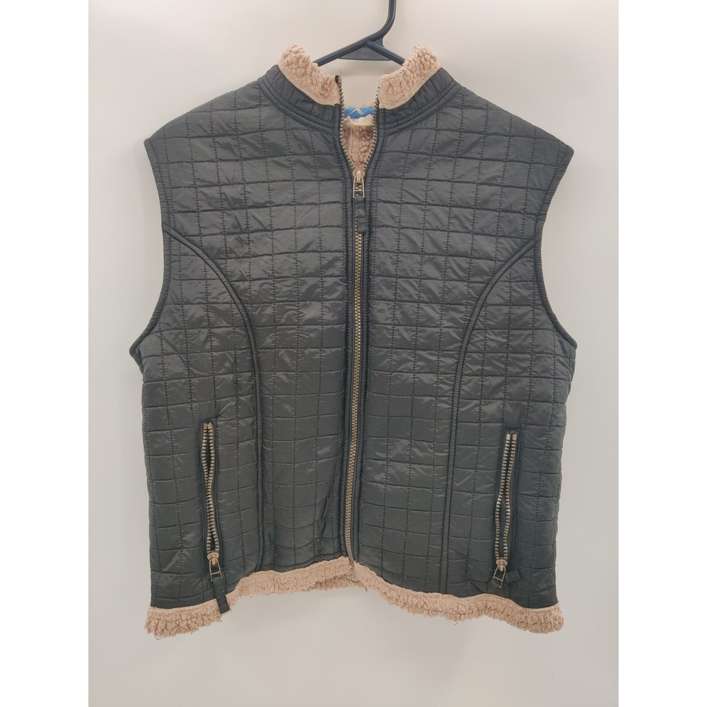 Tsunami Womens Quilted Sherpa Lined Vest Black Tan Mock Neck Zip Pockets Size M